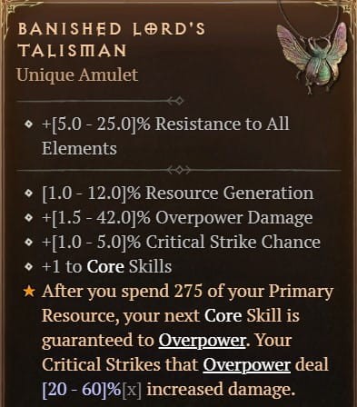 Banished Lord's Talisman Amulet Diablo 4 Unikat Unique Sezon 4
