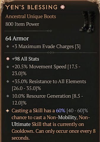 1 GA Yen's Blessing Buty Diablo 4 Unikat Unique SEZON 6