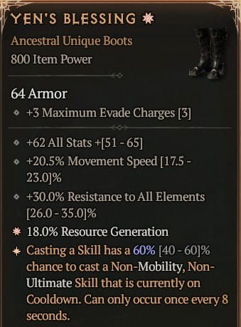 1 GA Yen's Blessing Buty Diablo 4 Unikat Unique SEZON 6