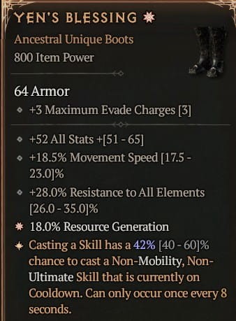 1 GA Yen's Blessing Buty Diablo 4 Unikat Unique SEZON 6