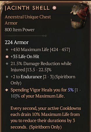 1 GA Jacinth Shell Zbroja Diablo 4 Unikat Unique SEZON 6