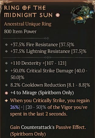 1 GA Ring Of The Midnight Sun Pierścień Północnego Słońca Diablo 4 VOH Unikat SEZON 6