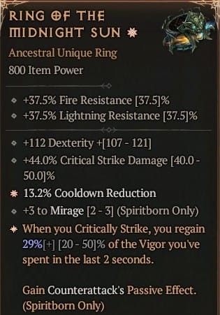 1 GA Ring Of The Midnight Sun Pierścień Północnego Słońca Diablo 4 VOH Unikat SEZON 6