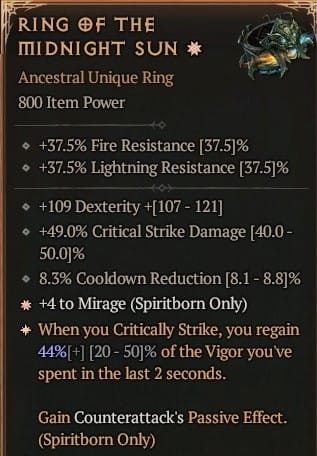 1 GA Ring Of The Midnight Sun Pierścień Północnego Słońca Diablo 4 VOH Unikat SEZON 6
