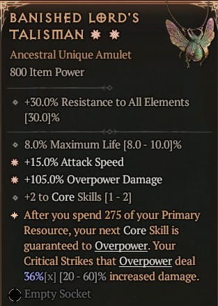 2 GA Banished Lord's Talisman Amulet Diablo 4 Unikat Unique SEZON 6