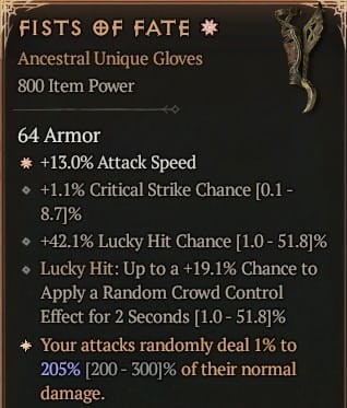 1 GA Fists Of Fate Rękawice Diablo 4 Unikat Unique SEZON 6