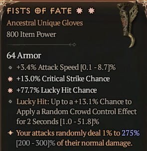 2 GA Fists Of Fate Rękawice Diablo 4 Unikat Unique SEZON 6