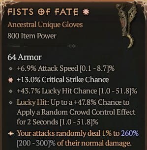 1 GA Fists Of Fate Rękawice Diablo 4 Unikat Unique SEZON 6