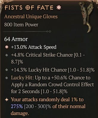 1 GA Fists Of Fate Rękawice Diablo 4 Unikat Unique SEZON 6