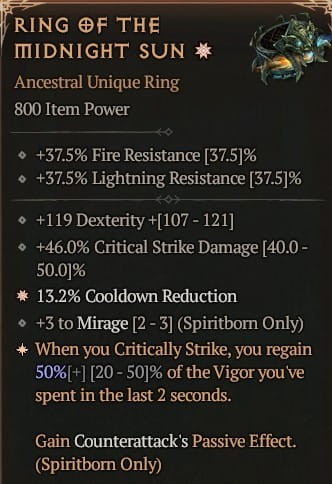 1 GA Ring Of The Midnight Sun Pierścień Północnego Słońca Diablo 4 VOH Unikat SEZON 6