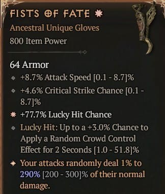 1 GA Fists Of Fate Rękawice Diablo 4 Unikat Unique SEZON 6
