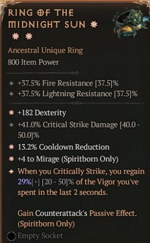 3 GA Ring Of The Midnight Sun Pierścień Północnego Słońca Diablo 4 VOH Unikat SEZON 6