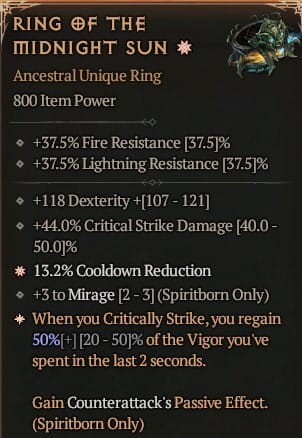 1 GA Ring Of The Midnight Sun Pierścień Północnego Słońca Diablo 4 VOH Unikat SEZON 6
