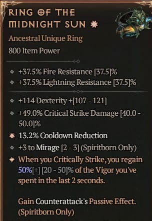 1 GA Ring Of The Midnight Sun Pierścień Północnego Słońca Diablo 4 VOH Unikat SEZON 6