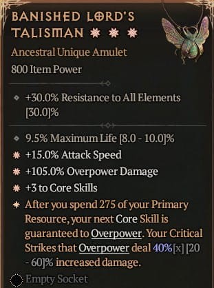 3 GA Banished Lord's Talisman Amulet Diablo 4 Unikat Unique SEZON 6