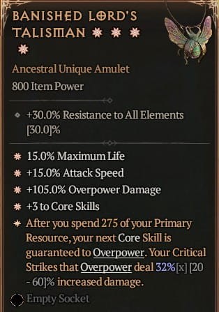 4 GA Banished Lord's Talisman Amulet Diablo 4 Unikat Unique SEZON 6