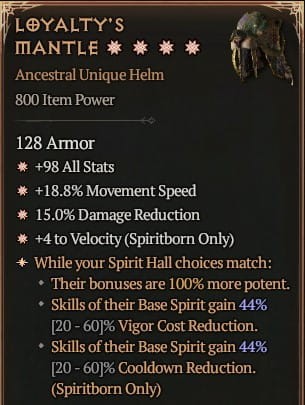 2 GA Loyalty's Mantle Hełm Diablo 4 VOH Unikat SEZON 6