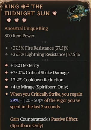 4 GA Ring Of The Midnight Sun Pierścień Północnego Słońca Diablo 4 VOH Unikat SEZON 6