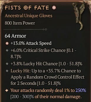 1 GA Fists Of Fate Rękawice Diablo 4 Unikat Unique SEZON 6