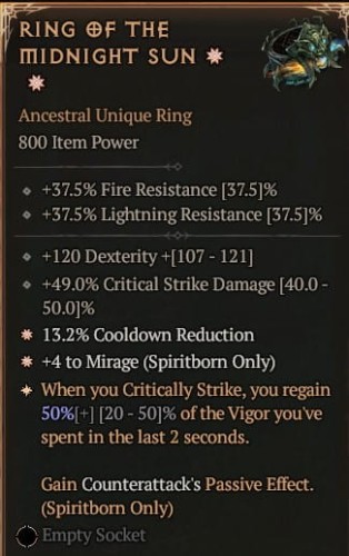 2 GA Ring Of The Midnight Sun Pierścień Północnego Słońca Diablo 4 VOH Unikat SEZON 6