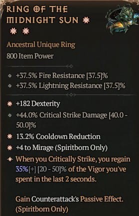 3 GA Ring Of The Midnight Sun Pierścień Północnego Słońca Diablo 4 VOH Unikat SEZON 6
