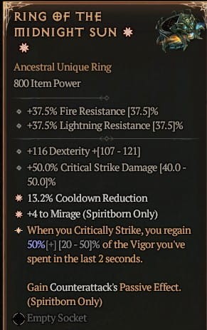 2 GA Ring Of The Midnight Sun Pierścień Północnego Słońca Diablo 4 VOH Unikat SEZON 6