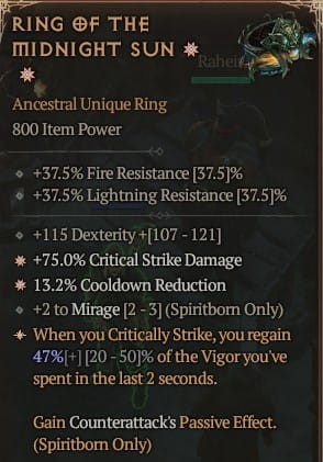 2 GA Ring Of The Midnight Sun Pierścień Północnego Słońca Diablo 4 VOH Unikat SEZON 6