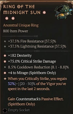 3 GA Ring Of The Midnight Sun Pierścień Północnego Słońca Diablo 4 VOH Unikat SEZON 6