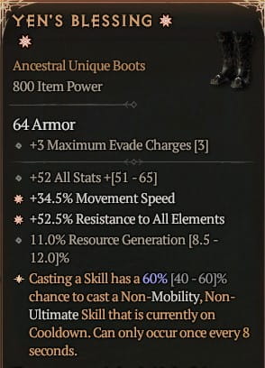 2 GA Yen's Blessing Buty Diablo 4 Unikat Unique SEZON 6