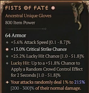 1 GA Fists Of Fate Rękawice Diablo 4 Unikat Unique SEZON 6
