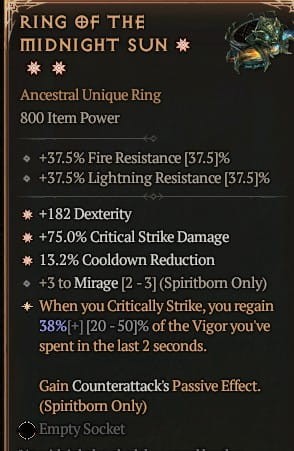 3 GA Ring Of The Midnight Sun Pierścień Północnego Słońca Diablo 4 VOH Unikat SEZON 6