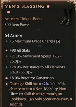 2 GA Yen's Blessing Buty Diablo 4 Unikat Unique SEZON 6