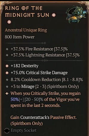 2 GA Ring Of The Midnight Sun Pierścień Północnego Słońca Diablo 4 VOH Unikat SEZON 6
