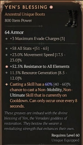 1 GA Yen's Blessing Buty Diablo 4 Unikat Unique SEZON 6
