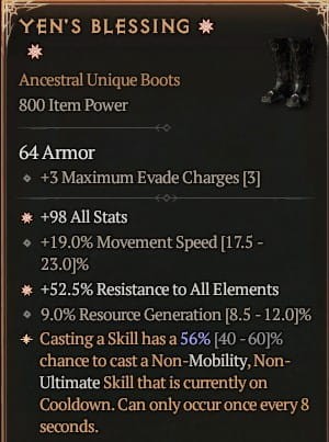 2 GA Yen's Blessing Buty Diablo 4 Unikat Unique SEZON 6