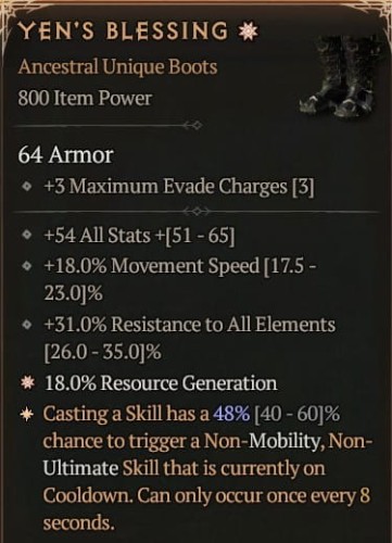 1 GA Yen's Blessing Buty Diablo 4 Unikat Unique SEZON 7