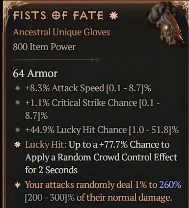 1 GA Fists Of Fate Rękawice Diablo 4 Unikat Unique SEZON 7