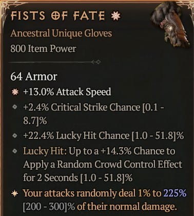 1 GA Fists Of Fate Rękawice Diablo 4 Unikat Unique SEZON 7