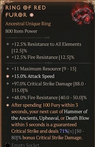 1 GA Ring Of Red Furor Diablo 4 Unikat Unique SEZON 7