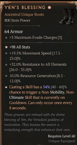 1 GA Yen's Blessing Buty Diablo 4 Unikat Unique SEZON 7