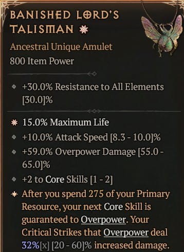 1 GA BANISHED LORD'S TALISMAN DIABLO 4 SEZON 9