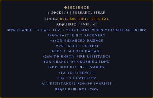 Posłuszeństwo Obedience Diablo 2 Resurrected D2R ROTW Ladder