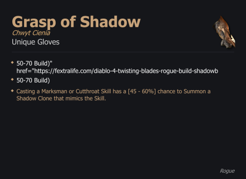 Grasp of Shadow / Chwyt Cienia UNIKAT Diablo IV SEZON