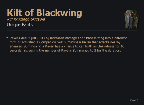 Kilt of Blackwing / Kilt Kruczego Skrzydła UNIKAT Diablo IV SEZON