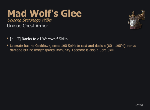Mad Wolf's Glee / Uciecha Szalonego Wilka UNIKAT Diablo IV SEZON