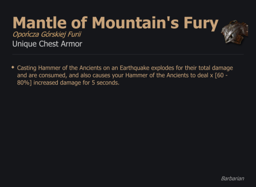 Mantle of Mountain's Fury / Opończa Górskiej Furii UNIKAT Diablo IV SEZON