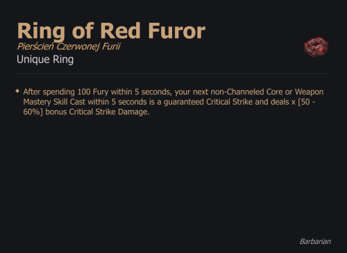 Ring of Red Furor / Pierścień Czerwonej Furii UNIKAT Diablo IV SEZON