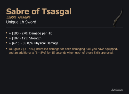 Sabre of Tsasgal / Szabla Tsasgala UNIKAT Diablo IV SEZON