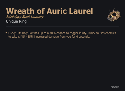 Wreath of Auric Laurel / Jaśniejący Splot Laurowy UNIKAT Diablo IV SEZON