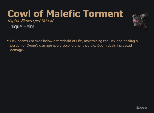 Cowl of Malefic Torment / Kaptur Złowrogiej Udręki UNIKAT Diablo IV SEZON